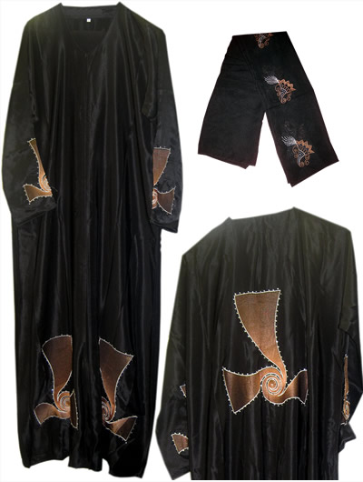 Black Embroidered Satin Abayah (Front Open)